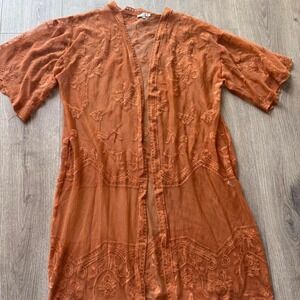 Rust Embroidered Sheer Kimono Cardigan Boho Open Front Cover Up Medium